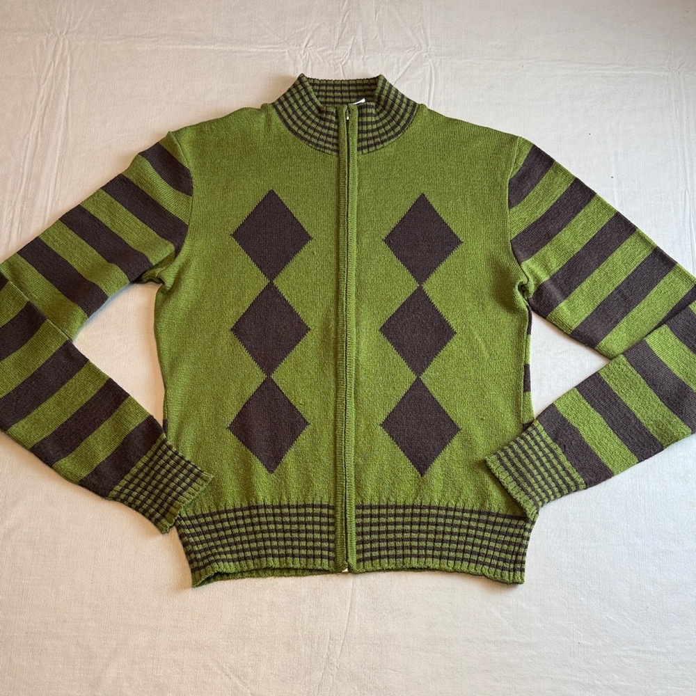 OBR Jeanswear Women's Green Brown Argyle Zip-Up Sweater Size M